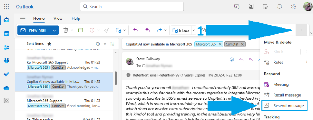 Resend message using More options in Outlook toolbar